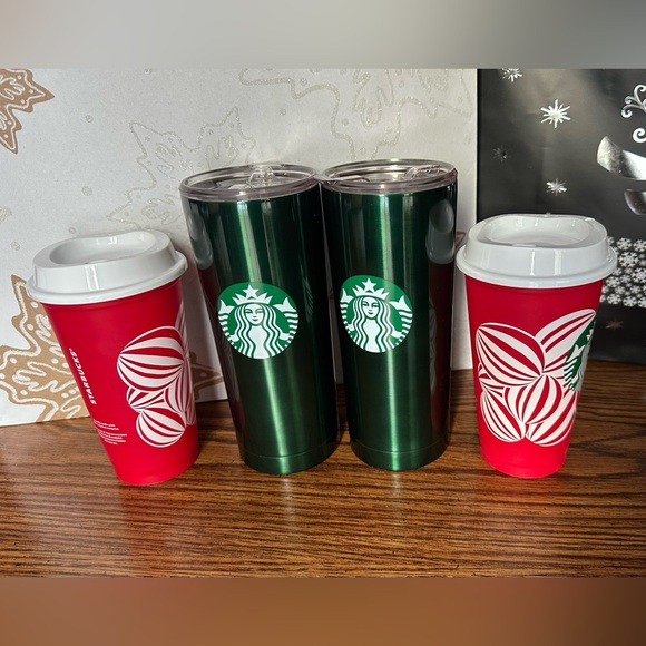 starbucks stainless steel tumbler 20 oz And Red Holiday Cup set - Picture 2 of 4